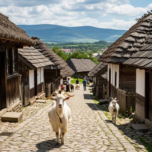 Rustic Village Scene with White Goat | Countryside Beauty