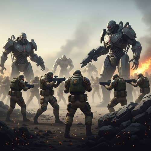 Futuristic Military Group vs. Cybernetic Warriors Battle