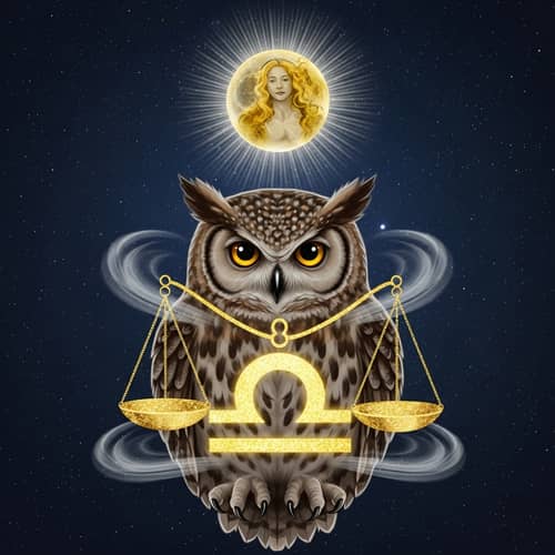 Owl Symbolizing Wisdom Holding Libra Astrological Symbol