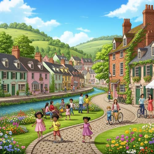 Quaint Small Town with Cobblestone Streets and Pastel-colored Houses