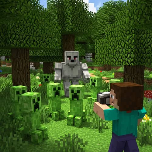 Minecraft Creepers Gathering Scene with Golem and Steve