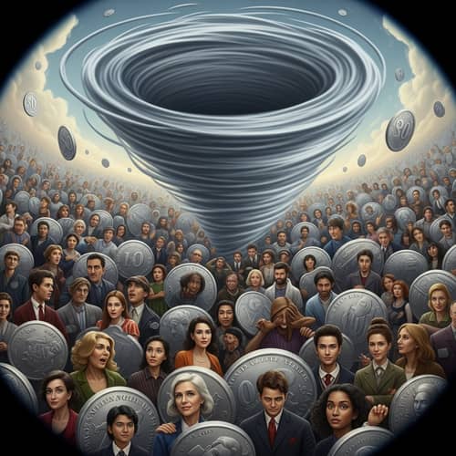 Surreal Metamorphosis: Giant Whirlpool and Shimmering Coins