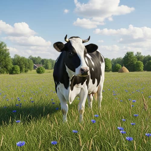 Tranquil Pastoral Scene: Lone Cow Grazing in Lush Field