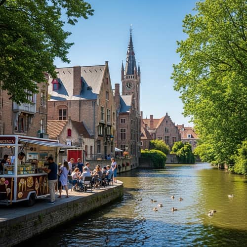 Scenic Bruges Waterfront: European House, Stone Embankment, and Local Vendors