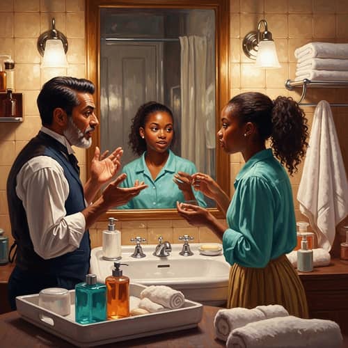 Impressionist Style Bathroom Scene with South Asian Man and Black Woman