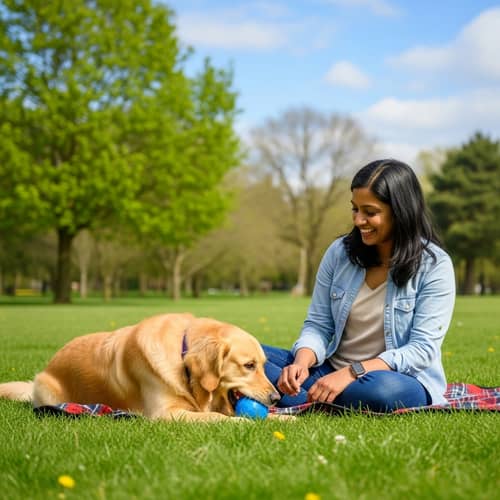 Golden Retriever Dog Playing with Blue Ball in Park with Woman