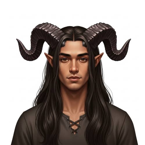 Young South Asian Male Tiefling with Medium-Length Horns and Warmth in Eyes