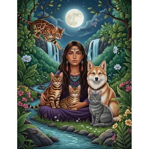 Mystical Scene with Bengal Cat, Shamanic Woman, and Animals in Nature