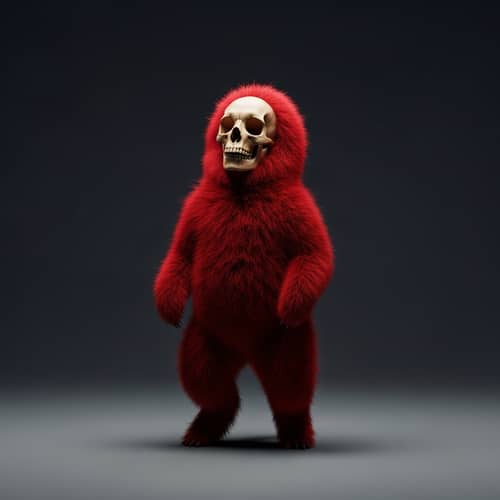 Surreal Red Furry Creature with Eerie Skull | Fantasy & Horror