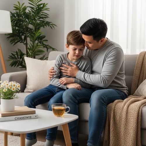 Empathetic Asian Father Comforting Upset Son on Sofa