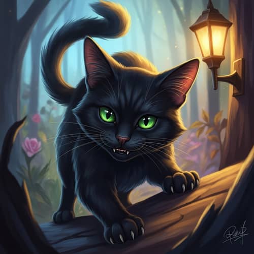 Whimsical Black Cat Illustration with Green Eyes | Playful & Vibrant Fantasy Art