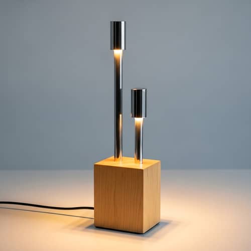 Minimalist Design Lamp with Wood and Chrome Cylinders
