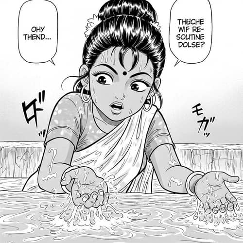 South Asian Girl Playing with Water - Expressive Manga Aesthetics