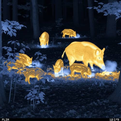 Thermal Night Vision Image of Wild Pigs in Forest Setting