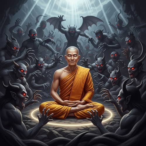 Asian Buddhist Monk Serenely Smiling Among Demons