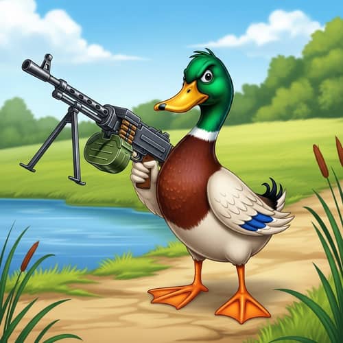 Humorous Cartoonish Duck Armed with Machine Gun in Countryside