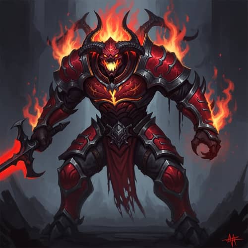 Dynamic Dark Fantasy Creature Art in Red and Black Armor