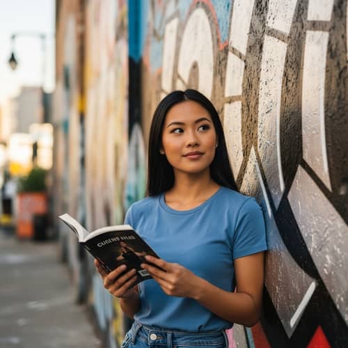 Young Asian Woman in Casual Blue T-Shirt with Book | Urban Graffiti Background