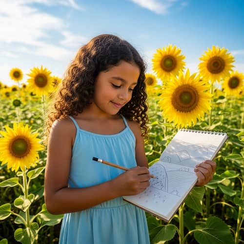 Hispanic Young Girl in Blue Summer Dress Sketching in Sunflower Field