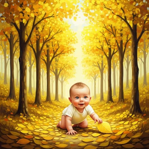 Joyful Newborn Infant in Vibrant Yellow Forest