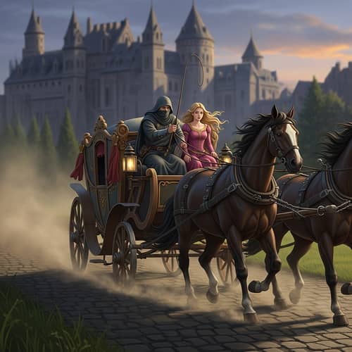 Medieval Escape: Fleeing Princess & Masked Man on Carriage