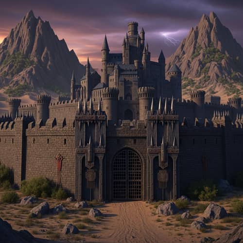 Somber Castle Between Tall Hills in Desert