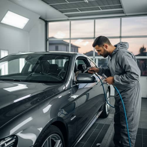 Professional Auto Repair: Skilled Mechanic Paints Luxury Car