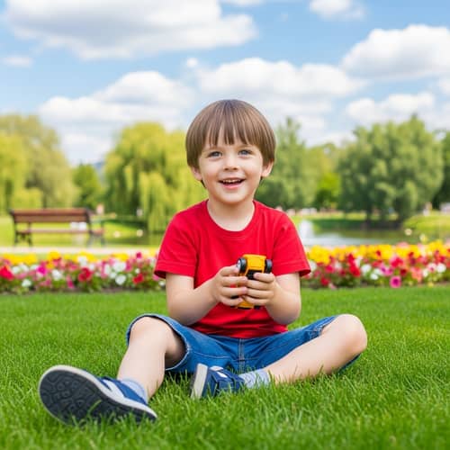 Young Boy Playing with Toy Car in Park | Fun Outdoors Scene