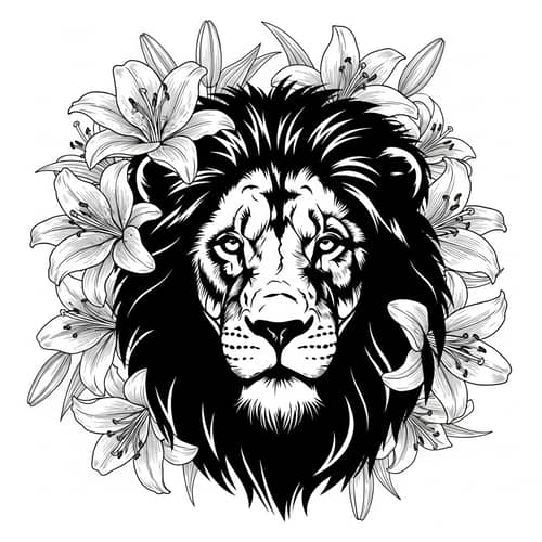 Stark Contrast: Lion Silhouette Amid Lily Flowers