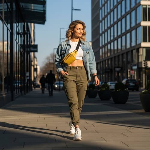 Blonde Woman in Sporty Street Style Walking in Urban Setting