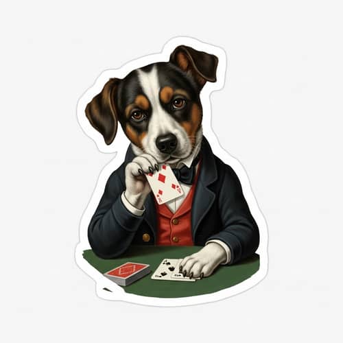 Poker-Playing Dog Sticker Illustration | 19th-Century Folk Art Style