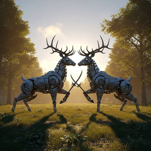Mechanical Deer Battle in Realistic Landscape