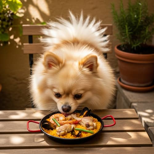 Fluffy Pomeranian Enjoying Paella - Best Dog Moments