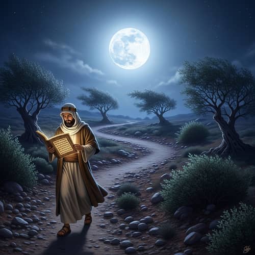 Enlightening Night: Historic Figure on Moonlit Path