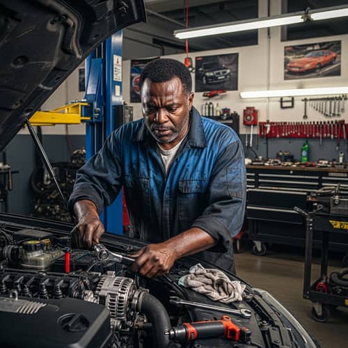 Skilled Black Male Mechanic in Action | Expert Car Repair Services