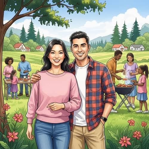 Joyful Watercolor Painting of Diverse Happy Couple in Rural Setting