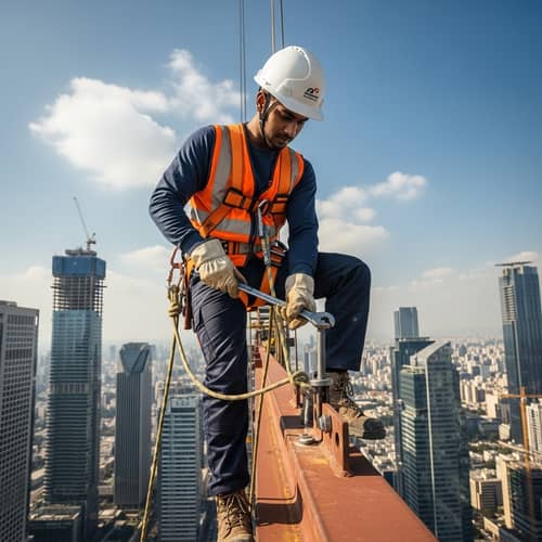 South Asian Male Worker in PPE on Skyscraper Girder | Construction Site