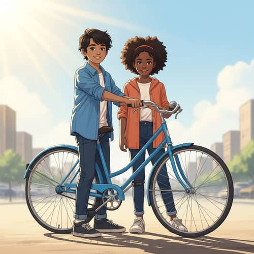 Cheerful South Asian Boy and Black Girl With Classic Blue Bike