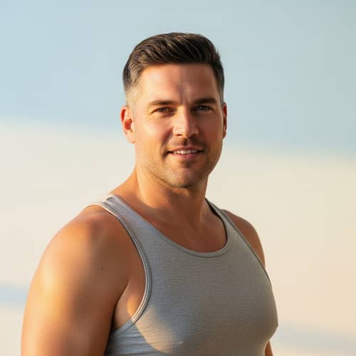 Confident Adult Caucasian Male in Casual Grey Undergarments