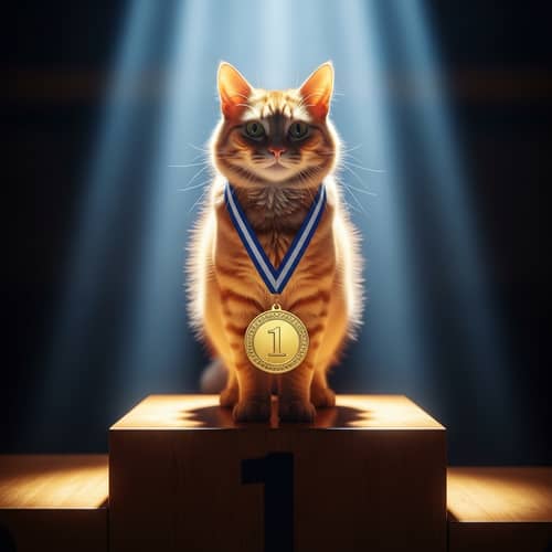 Proud Number 1 Tabby Cat on Shiny Podium