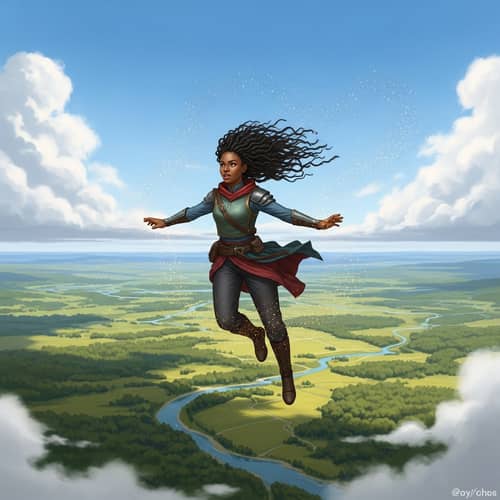 Epic Fantasy Illustration: African Woman Soaring High in Adventure