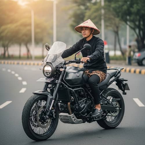 Indonesian Individual with Traditional Hat Riding Large Motorcycle