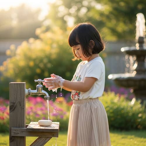 Young Asian Girl Washing Hands Outdoors | Lush Garden Scene
