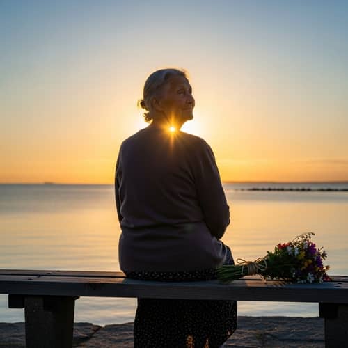 Elderly Woman by the Sea with Flowers at Sunset