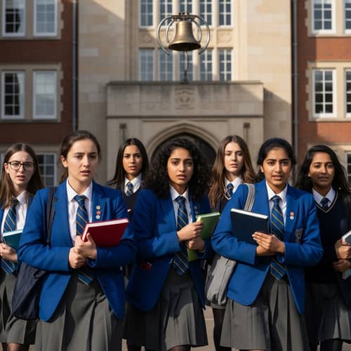 Diverse Schoolgirls Escaping from Imposing School Building