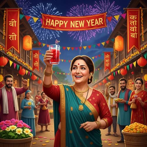 South Asian Woman Celebrating New Year in Colorful Village