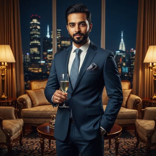 Luxury South Asian Gentleman in Tailor-Made Suit with Champagne
