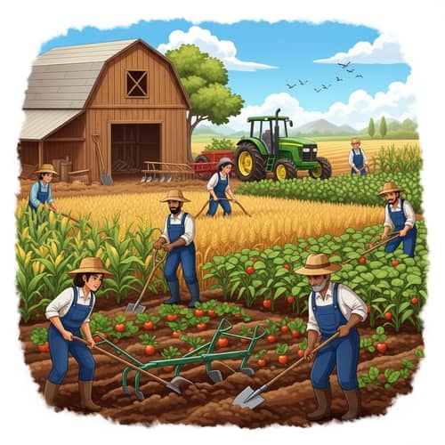 Diverse Agriculture Scenes: Crops, Farmers, and Farm Tools