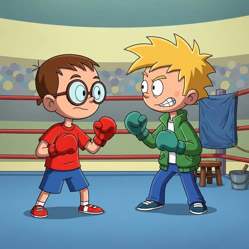 Kids Boxing Match: Blue Shorts vs. Green Jacket