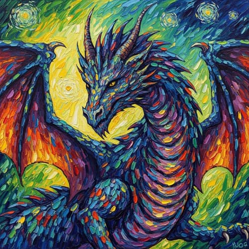 Majestic Dragon in Van Gogh Style - Post-Impressionism Oil Art